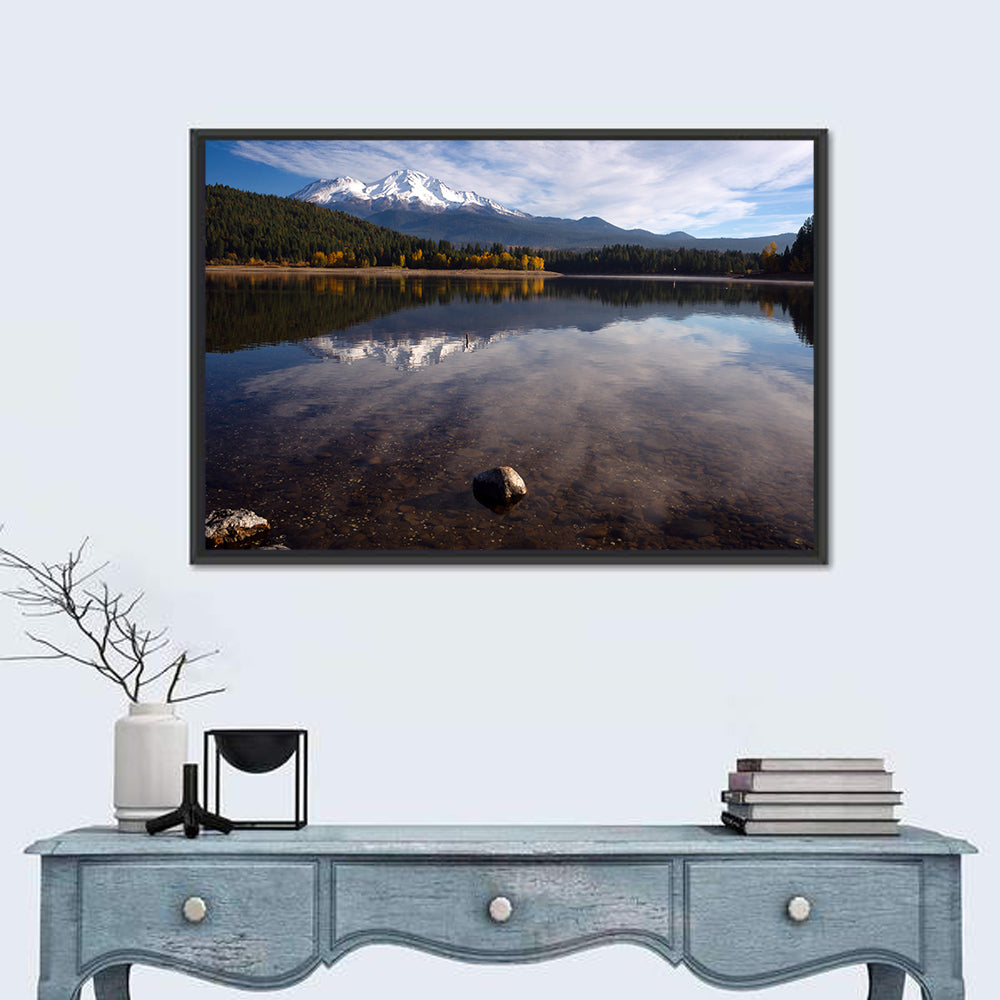 Mount Shasta Reflection at Lake Siskiyou Wall Art in a room, landscape