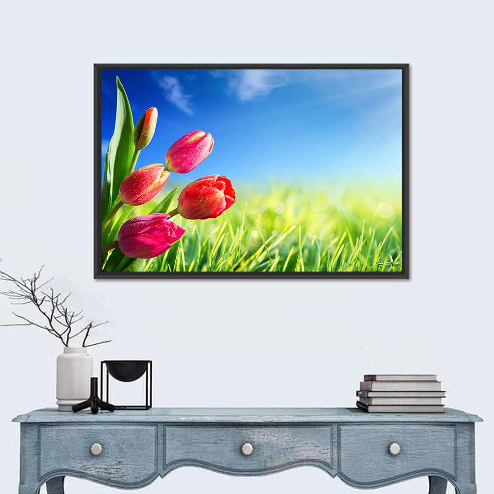 Dewy Red Tulips Under Blue Sky Wall Art