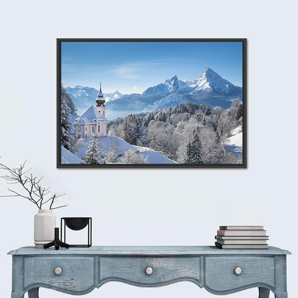 Maria Gern Church and Watzmann in Winter Wall Art in a room, landscape