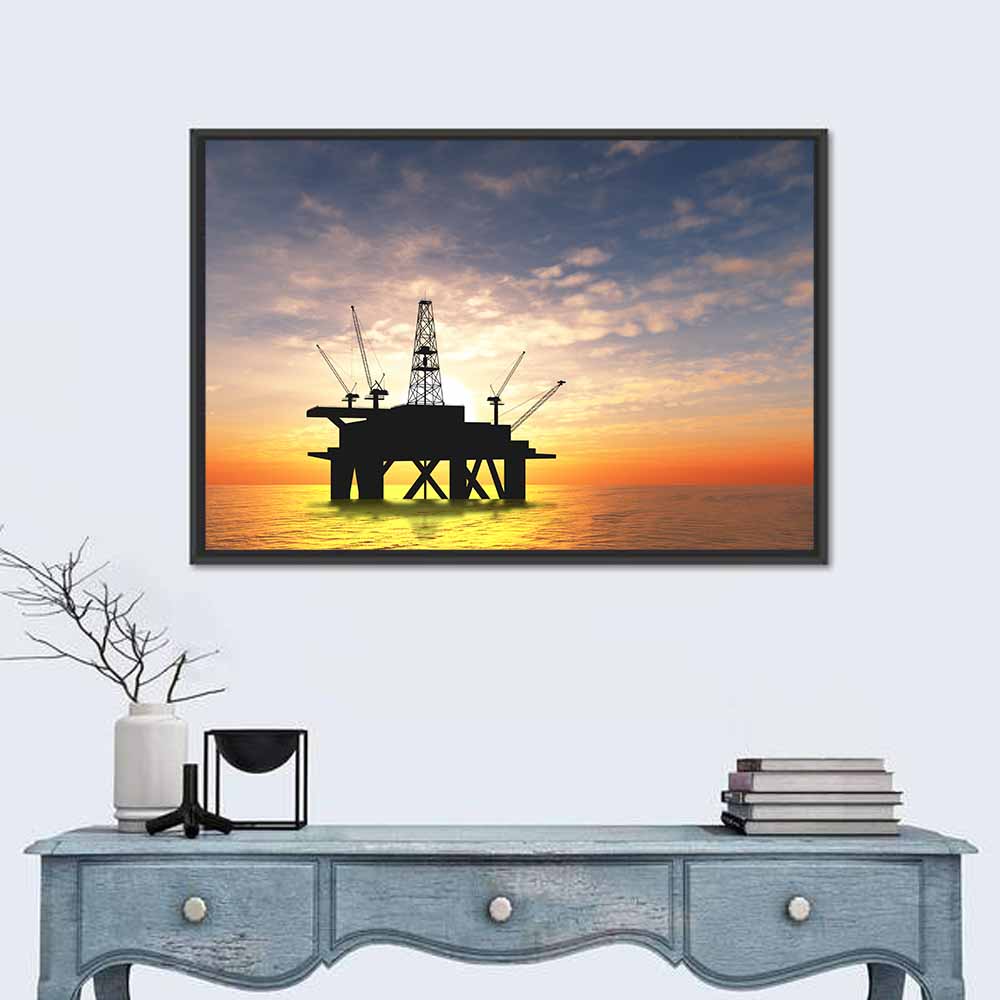 Sunset Oil Rig Silhouette Wall Art in a room, landscape