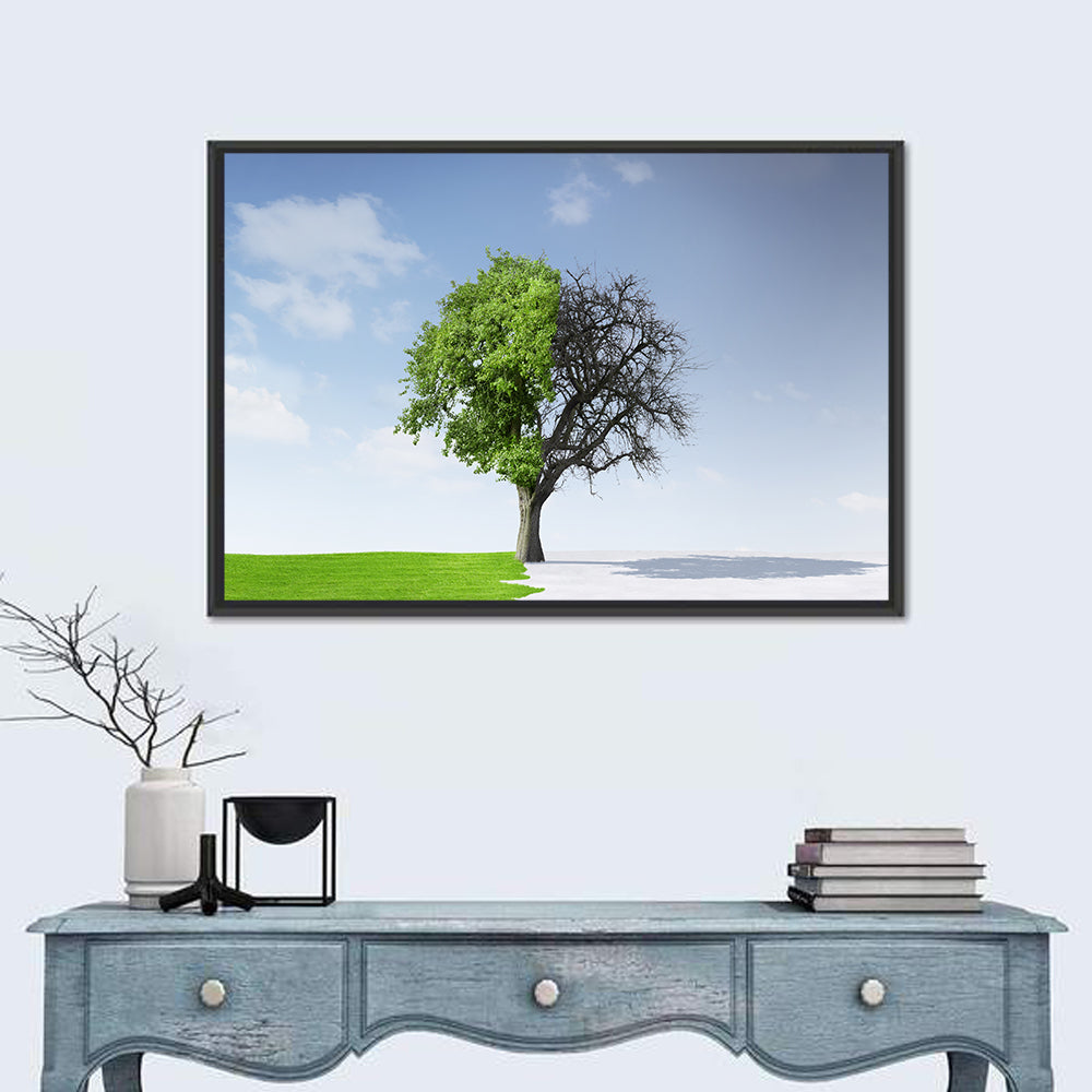 Split Seasons Tree Wall Art in a room, landscape