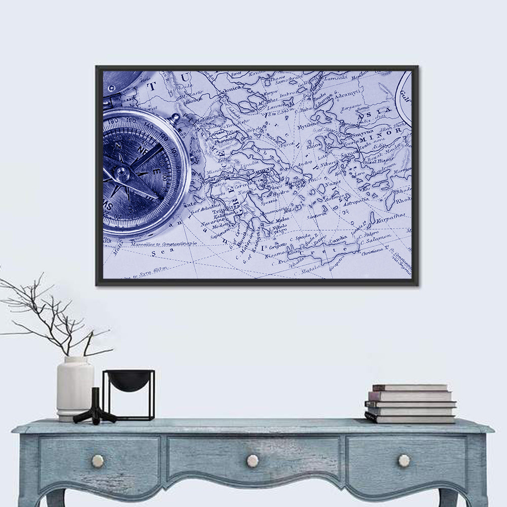 Aegean Nautical Map with Compass Wall Art in a room, landscape