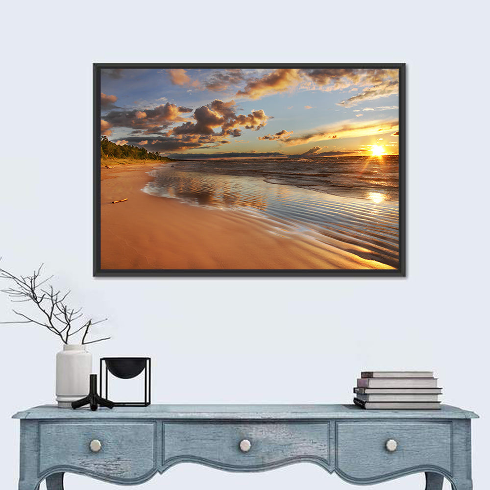 Lake Huron Sunset Beach Wall Art in a room, landscape