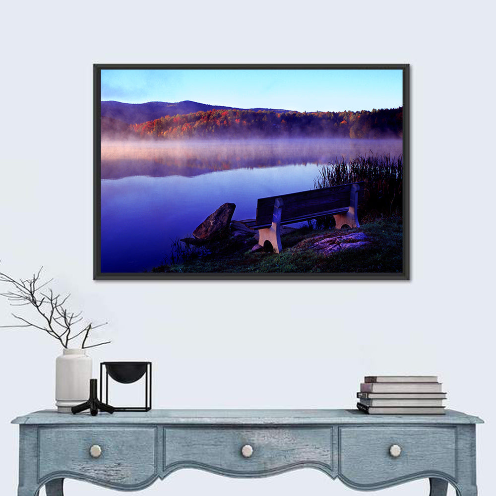 Bench at Misty Lake Sunrise Wall Art in a room, landscape