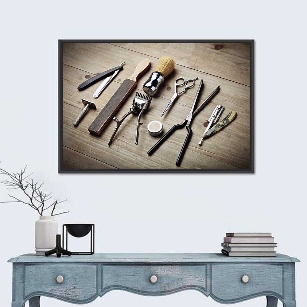 Vintage Barber Tools on Wooden Workbench Wall Art