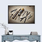 Vintage Barber Tools on Wooden Workbench Wall Art