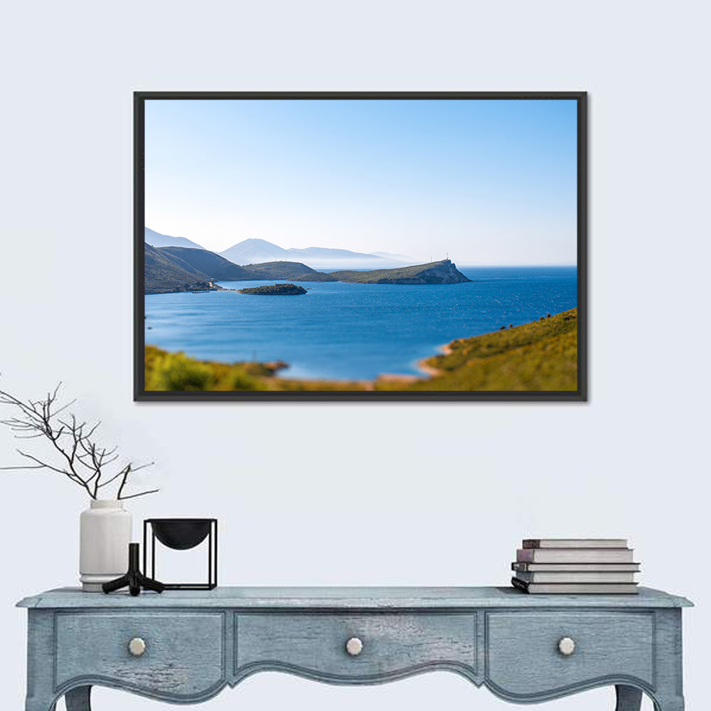 Coastal Cliffs and Lighthouse Bay Wall Art in a room, landscape