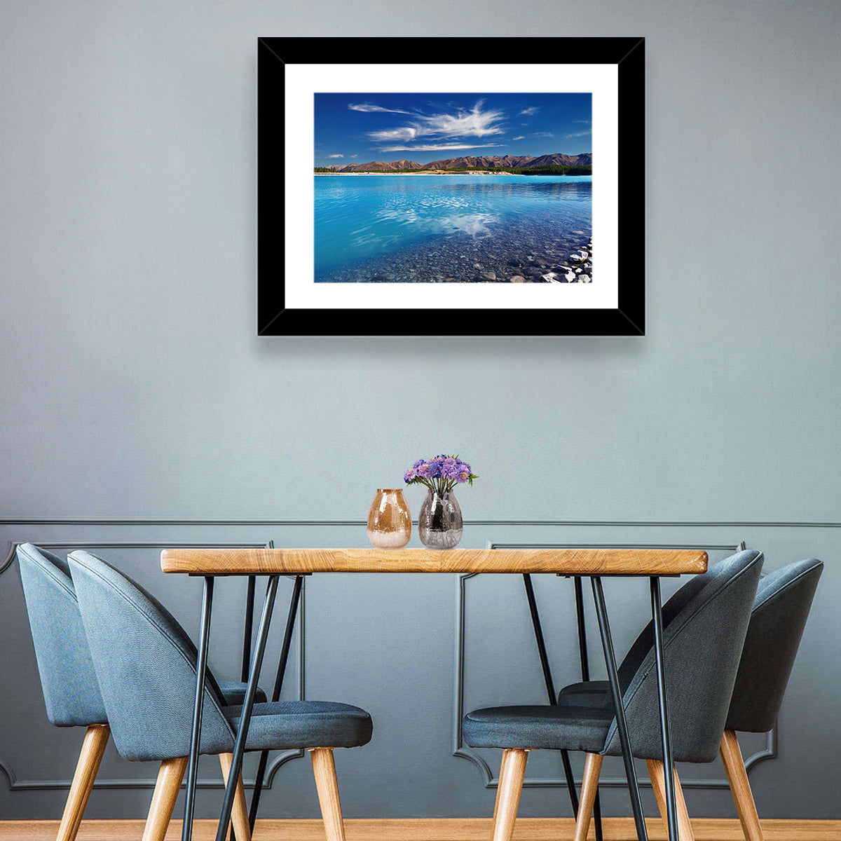 Lake Pukaki Pebble Shore Wall Art in a room, landscape