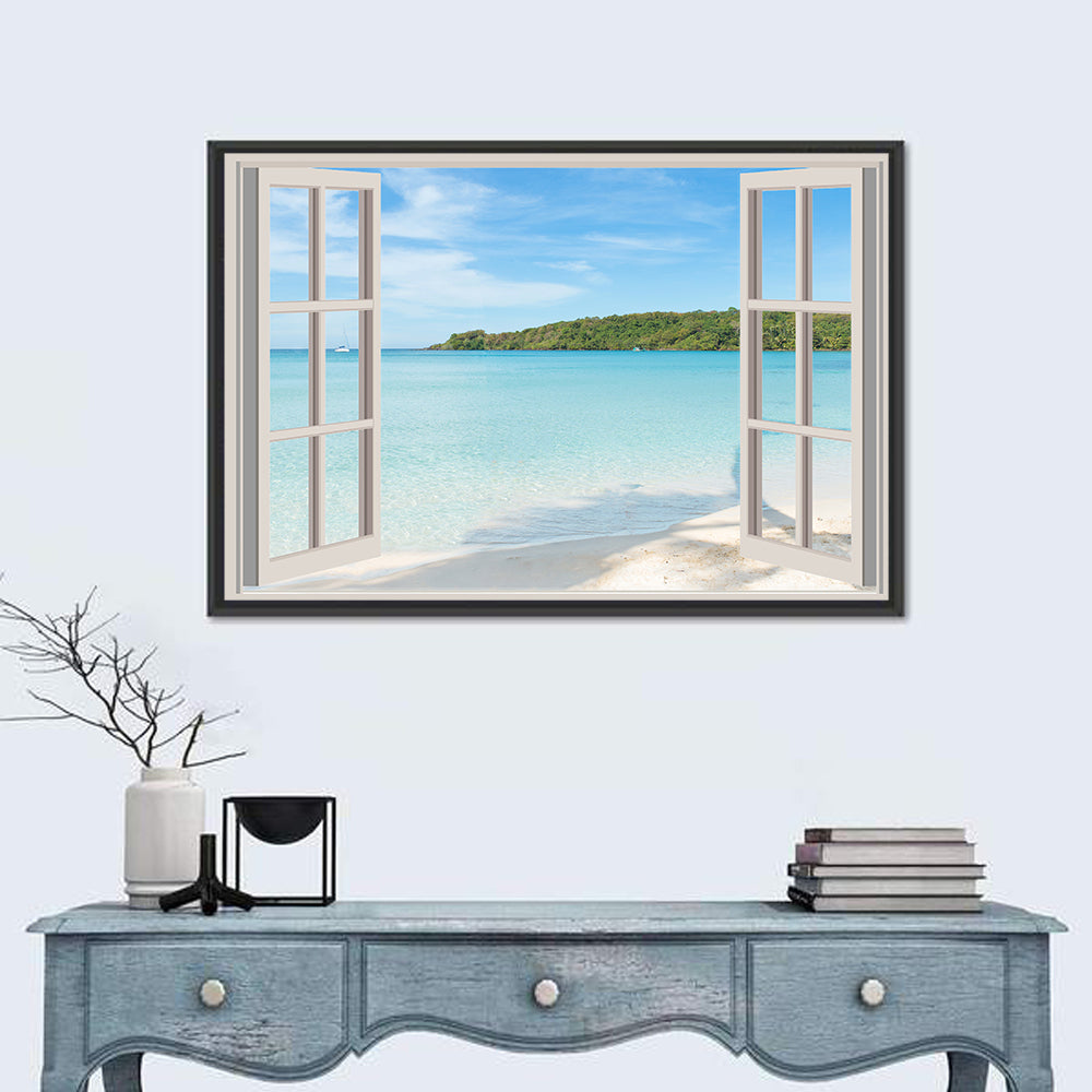 Turquoise Beach View Through Window Wall Art in a room, landscape