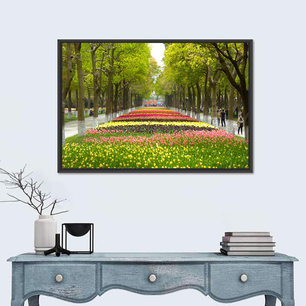 Tree-lined Tulip Garden Path Wall Art in a room, landscape