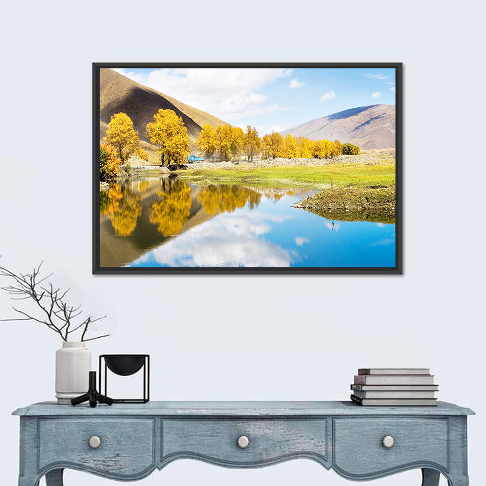 Chanxi Autumn Reflection Road Wall Art in a room, landscape