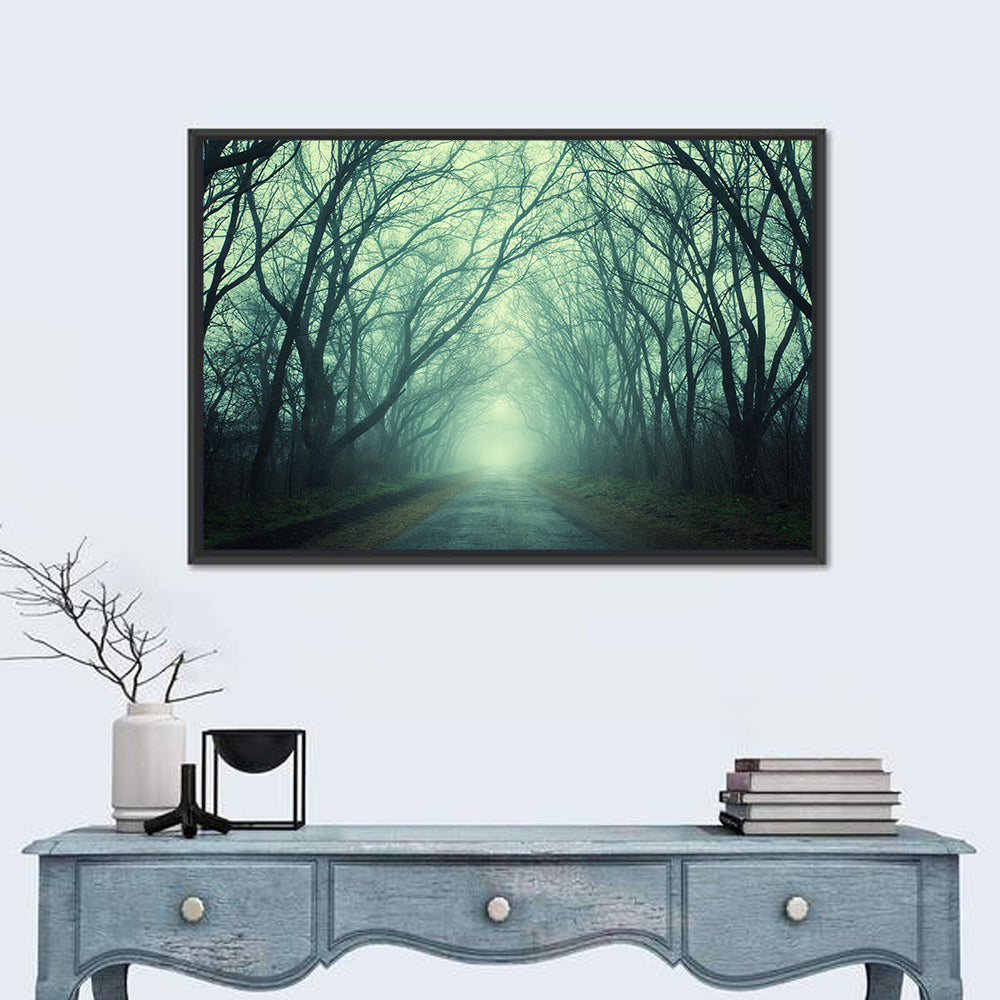 Foggy Forest Pathway Wall Art in a room, landscape