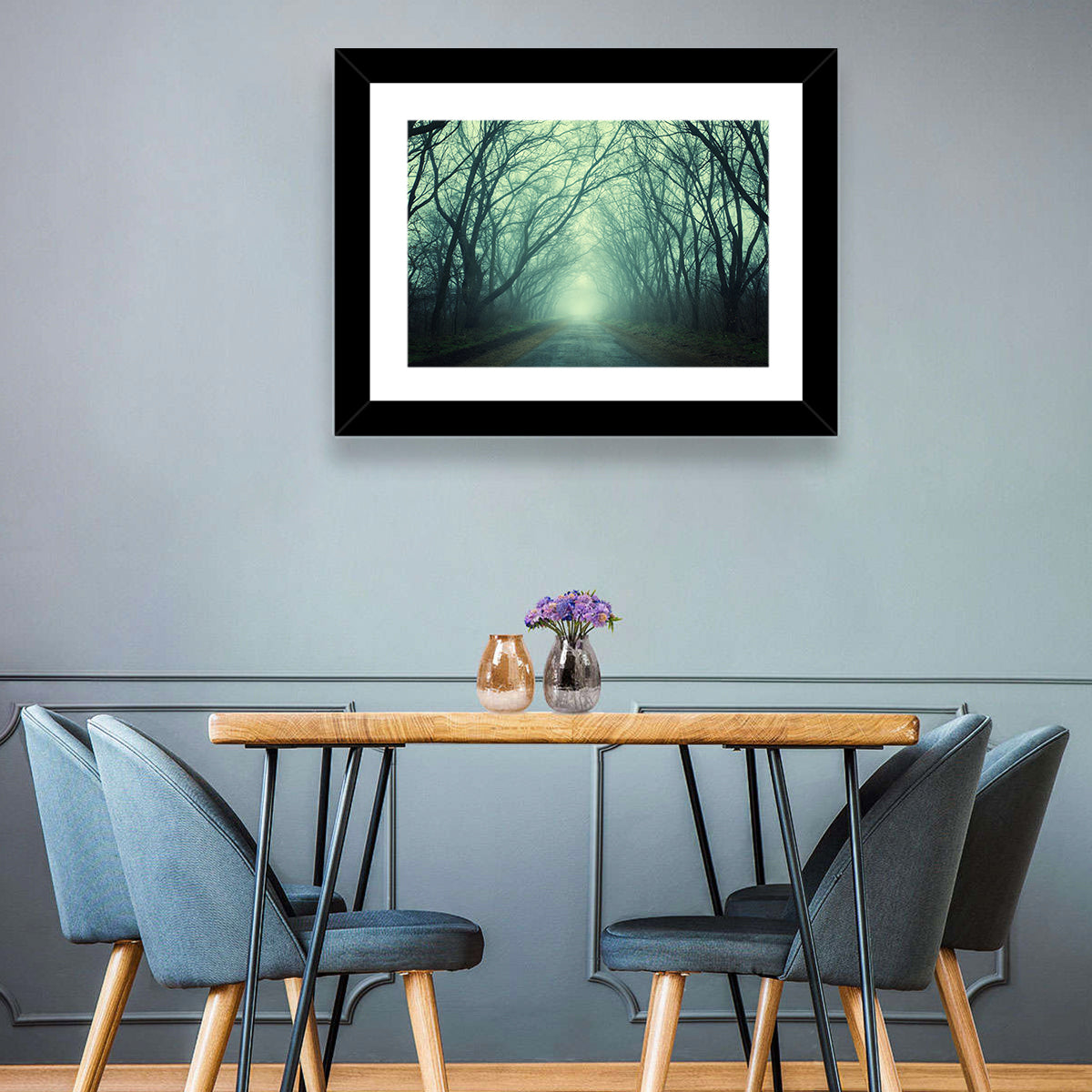Foggy Forest Pathway Wall Art in a room, landscape