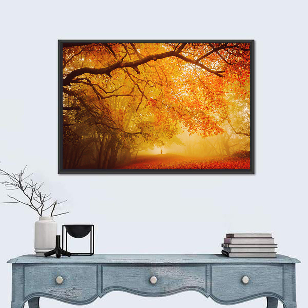 Autumn Forest Path with Lone Figure Wall Art in a room, landscape