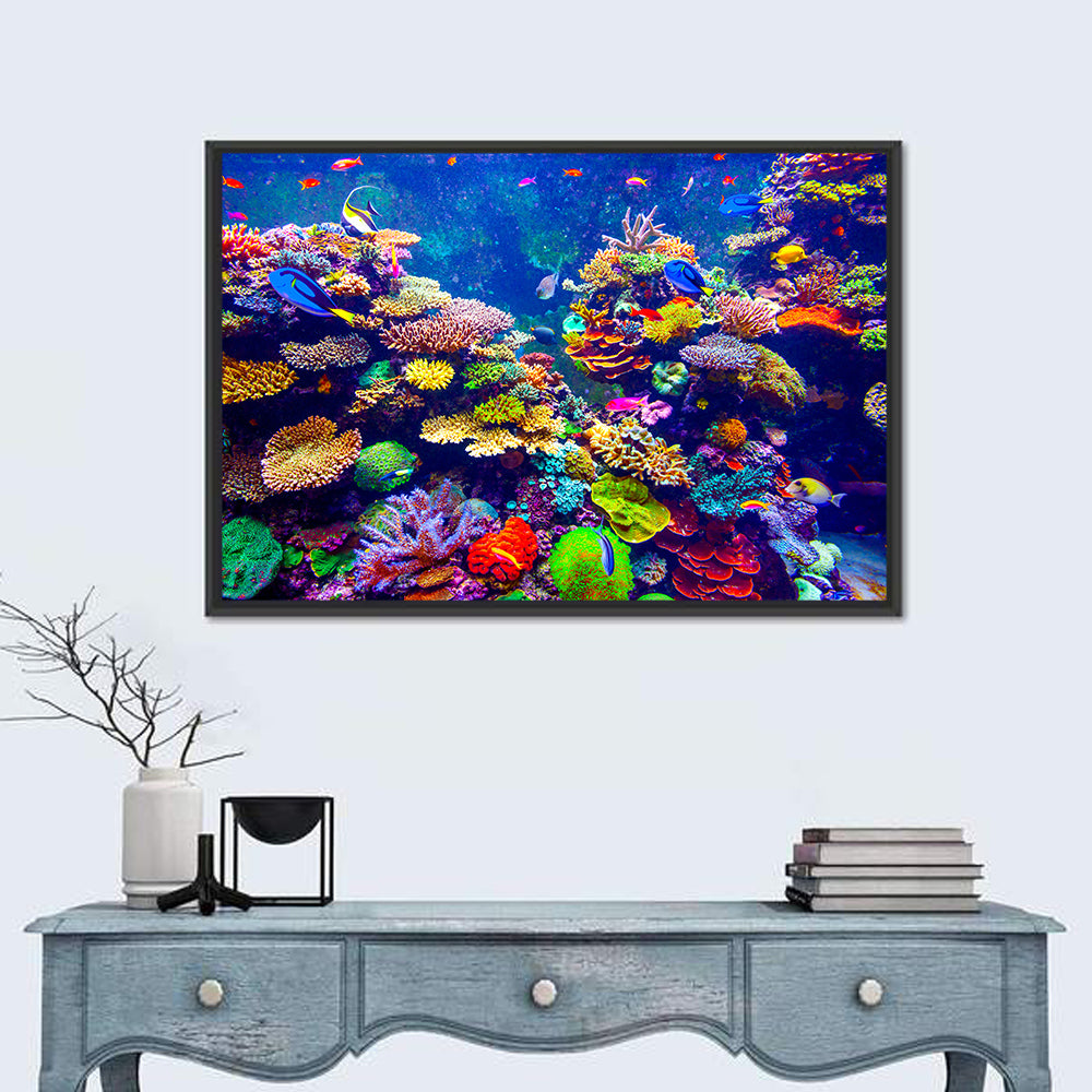 Tropical Coral Reef Aquarium Wall Art in a room, landscape