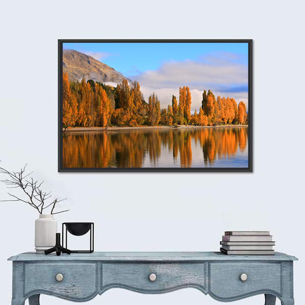 Lake Wanaka Autumn Reflection Wall Art in a room, landscape