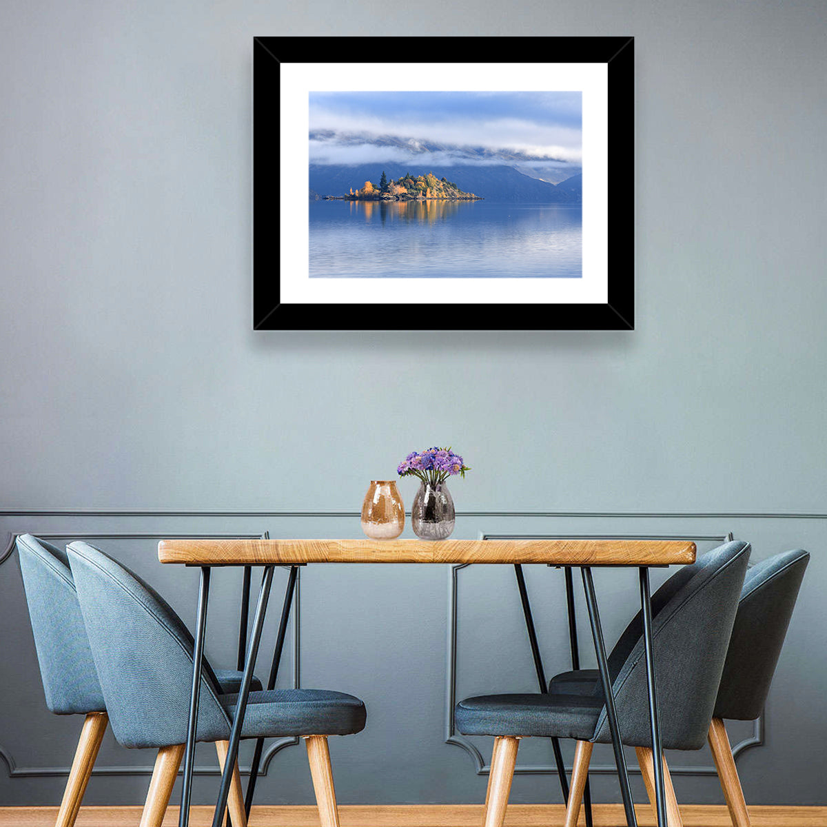 Misty Wanaka Island Reflection Wall Art in a room, landscape