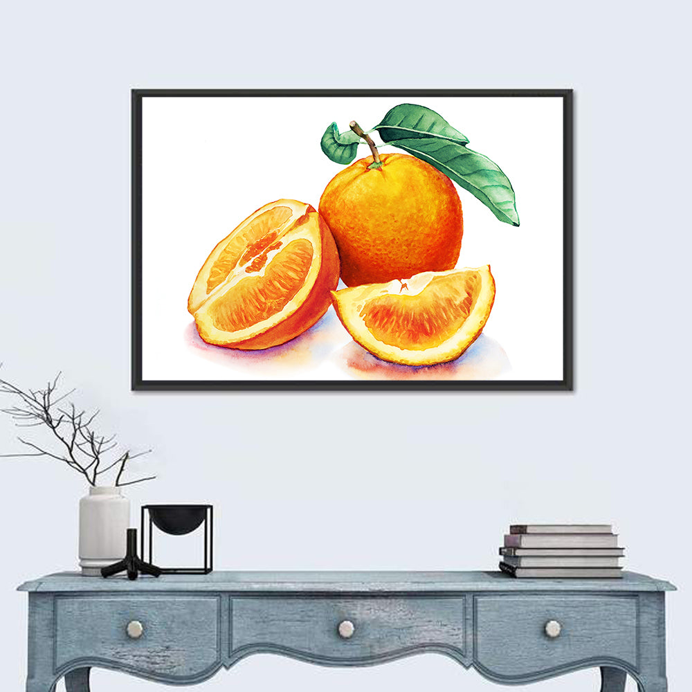 Watercolor Orange Still Life Wall Art in a room, landscape