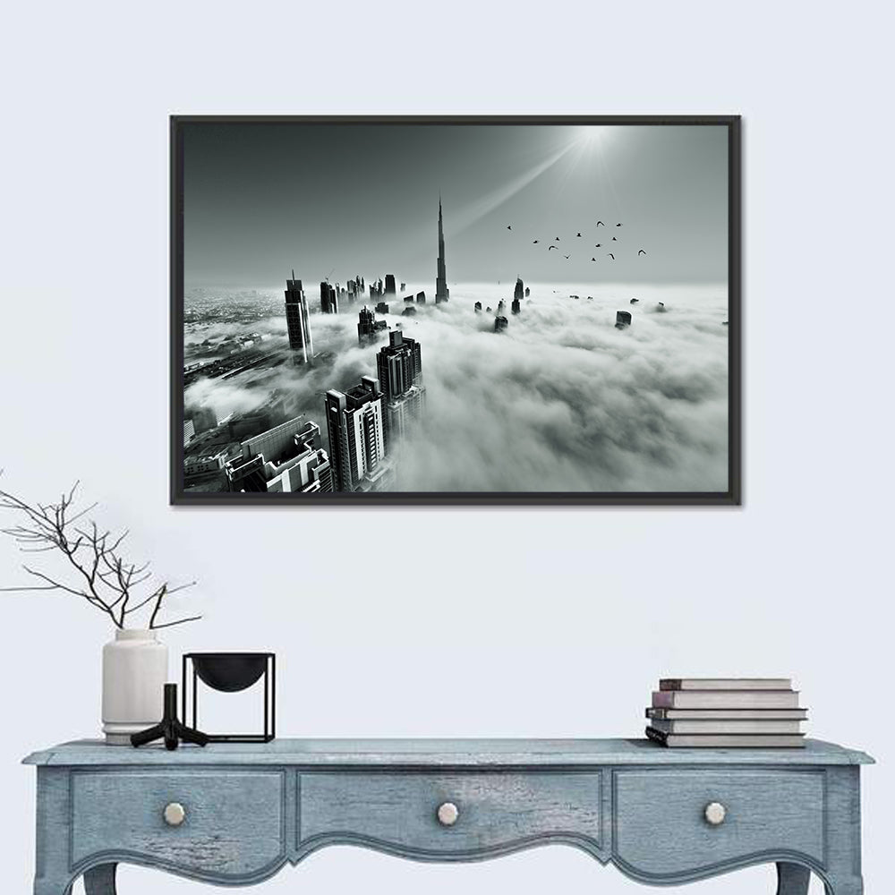 Burj Khalifa Rising Through Morning Fog Wall Art in a room, landscape