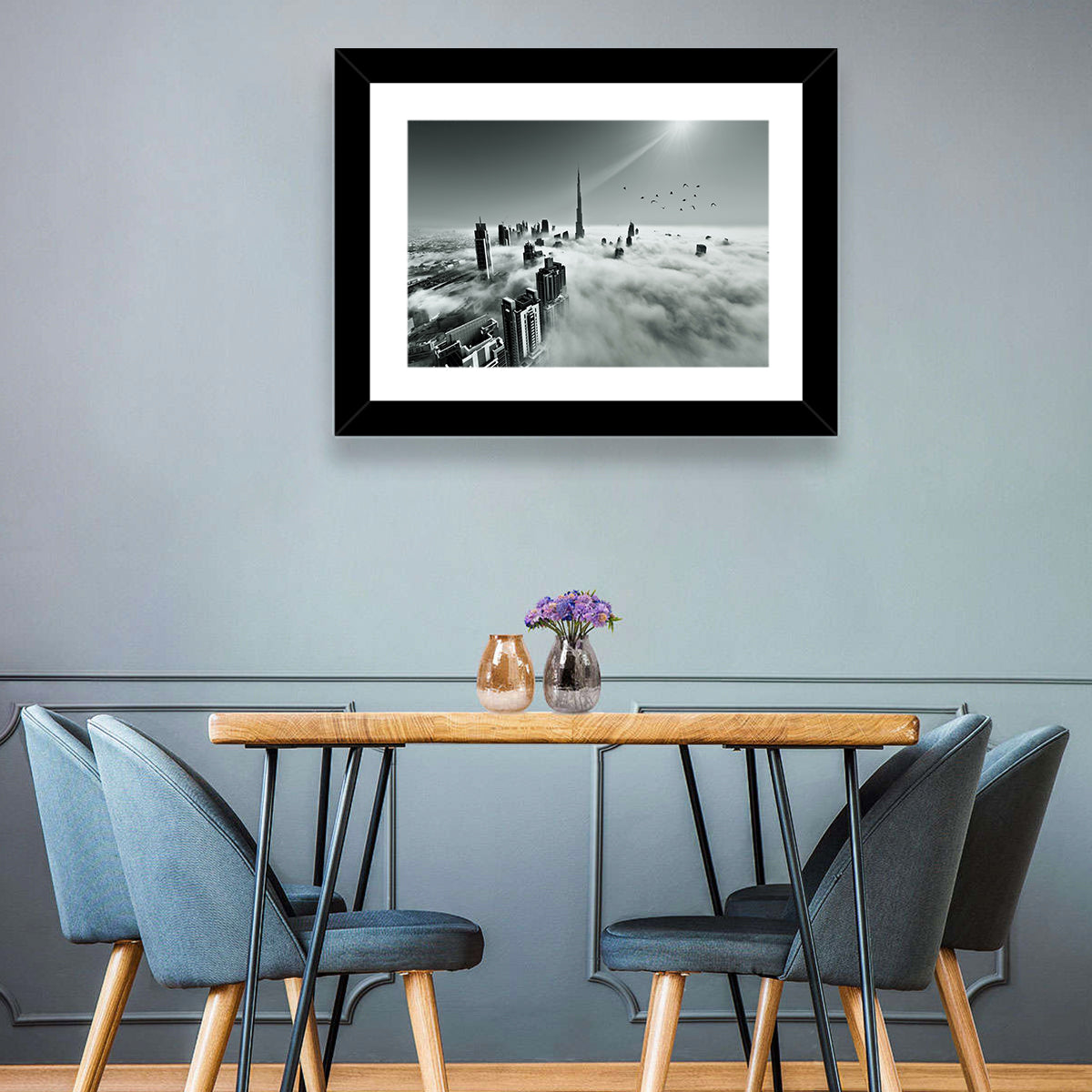 Burj Khalifa Rising Through Morning Fog Wall Art in a room, landscape