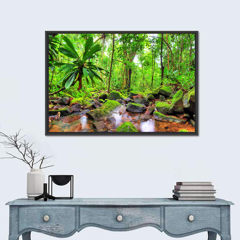 Mossy Rainforest Stream Wall Art in a room, landscape