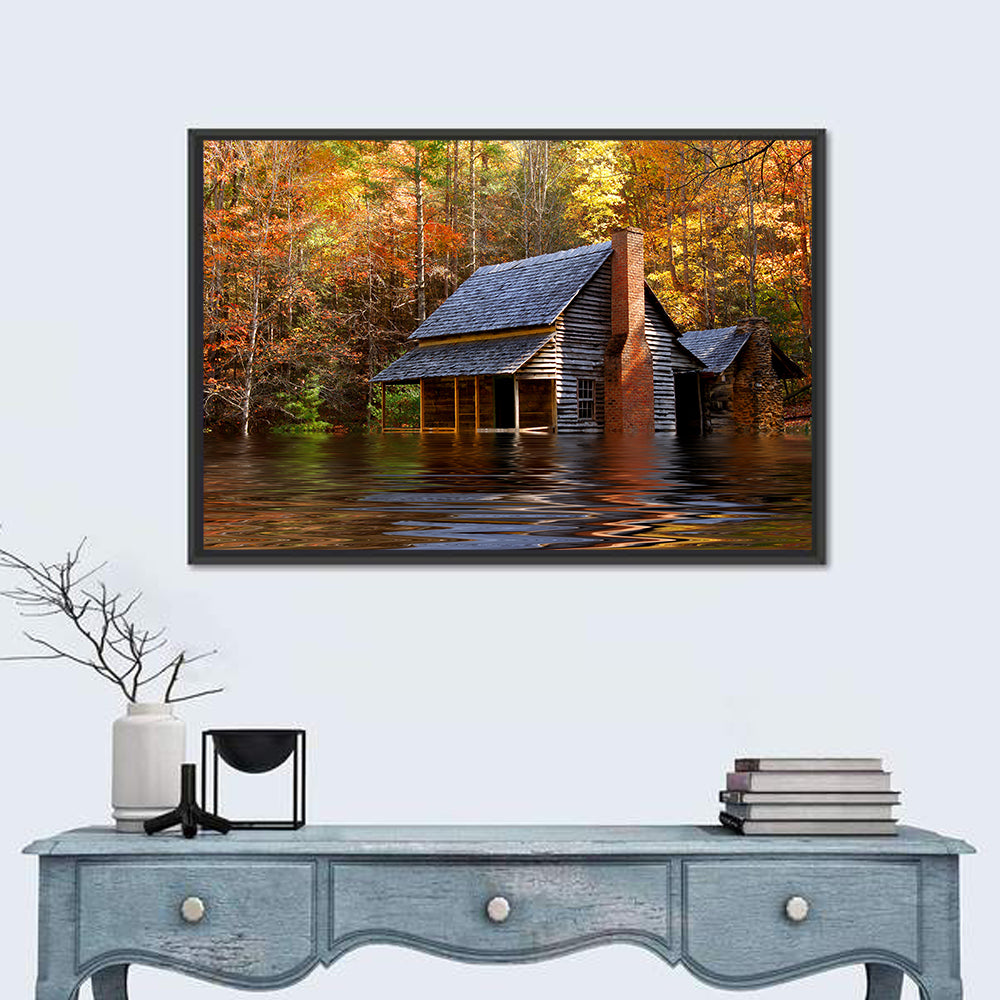Autumn Flooded Log Cabin Wall Art in a room, landscape