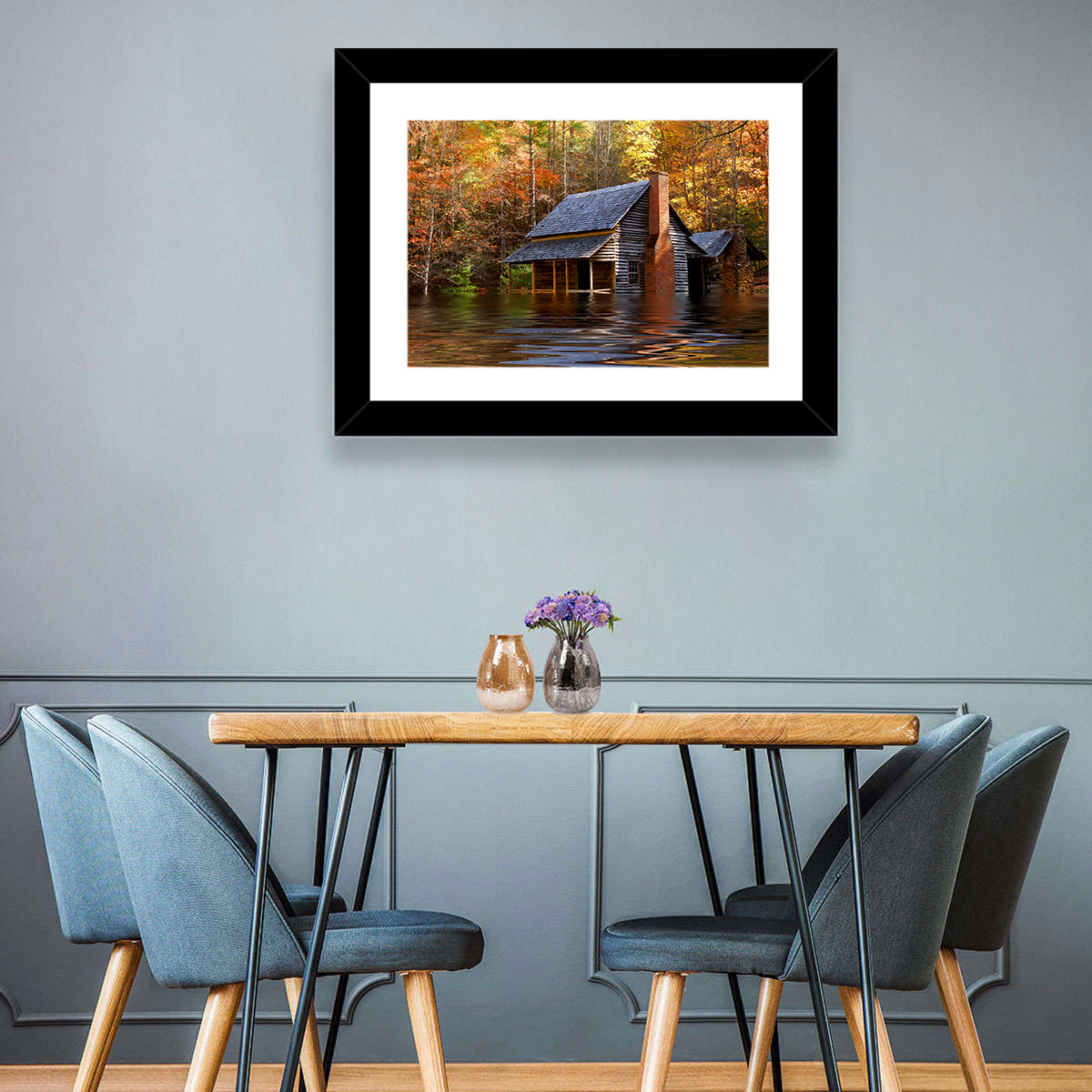Autumn Flooded Log Cabin Wall Art in a room, landscape