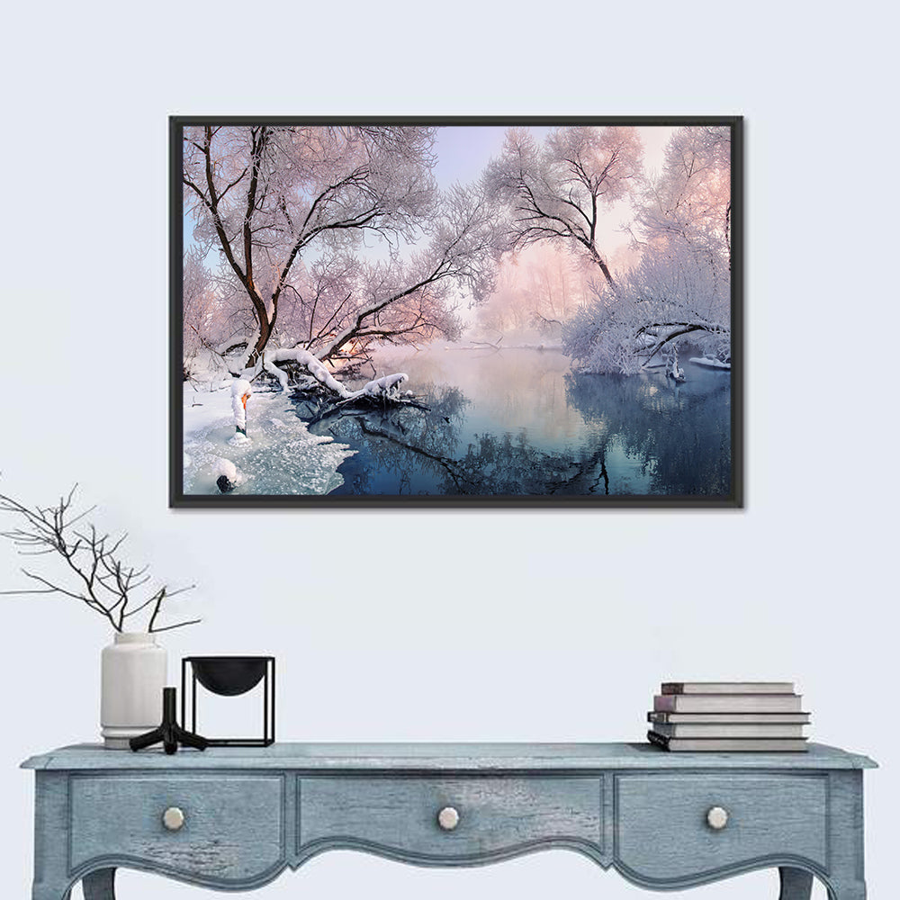 Snowy Lake Morning Mist Wall Art in a room, landscape