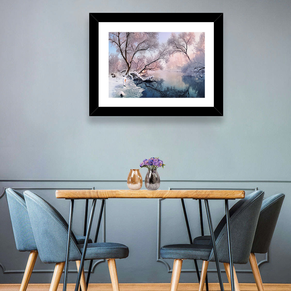 Snowy Lake Morning Mist Wall Art in a room, landscape
