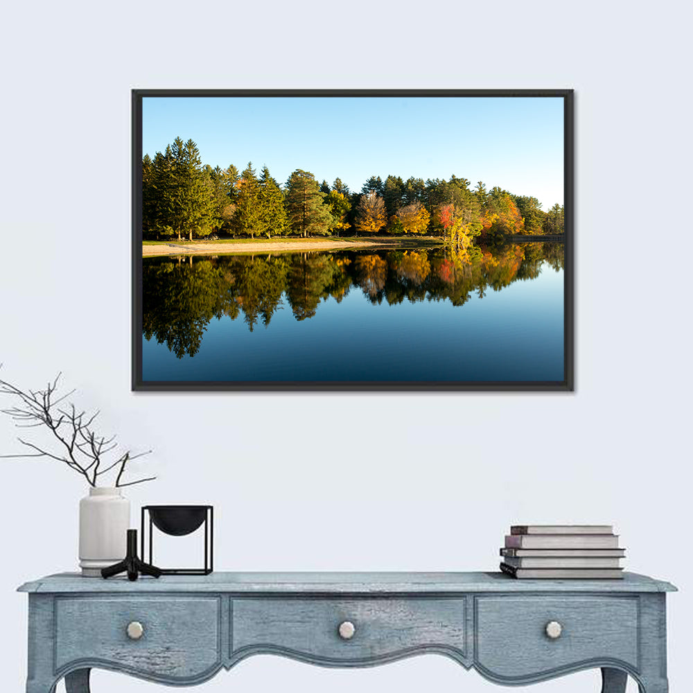 Lake Shaftsbury Autumn Reflection Wall Art in a room, landscape