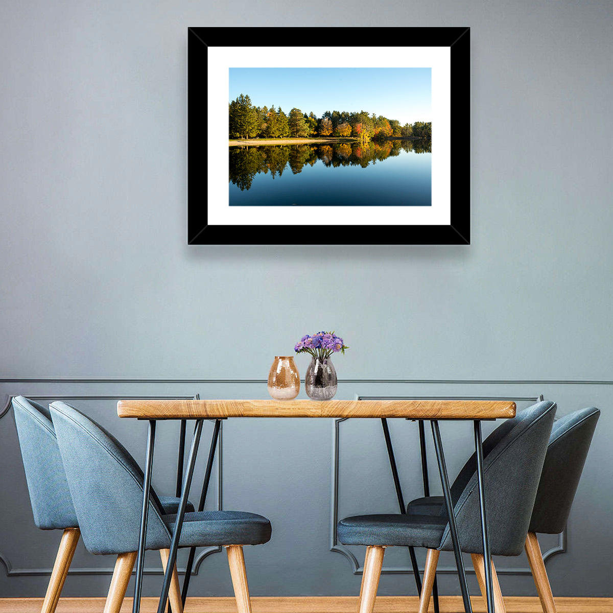 Lake Shaftsbury Autumn Reflection Wall Art in a room, landscape