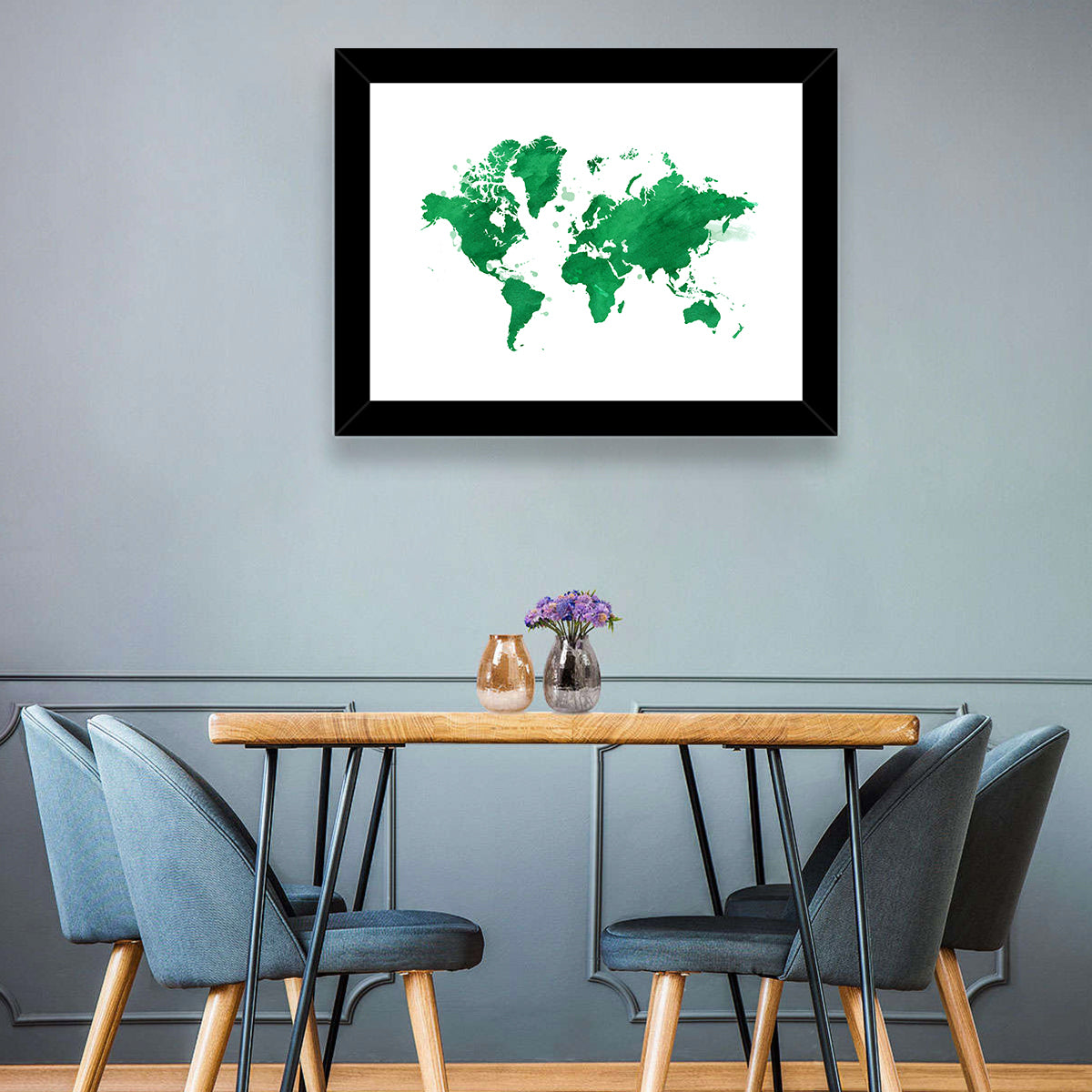 Green Watercolor World Map Wall Art in a room, landscape