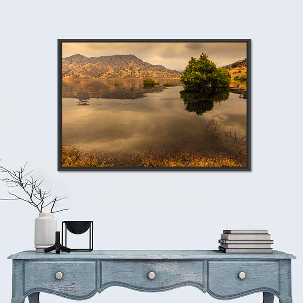 Lake Kaweah Golden Hour Reflection Wall Art in a room, landscape