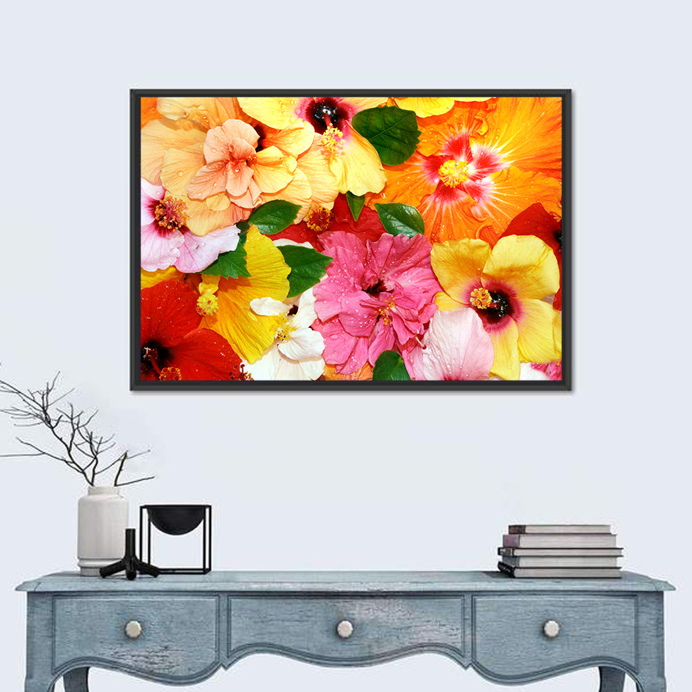 Vibrant Hibiscus Close-up Wall Art in a room, landscape