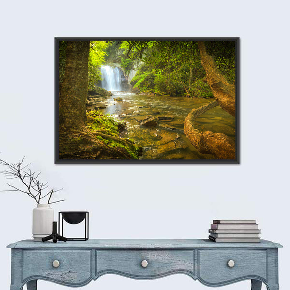Deep Forest Waterfall Wall Art in a room, landscape