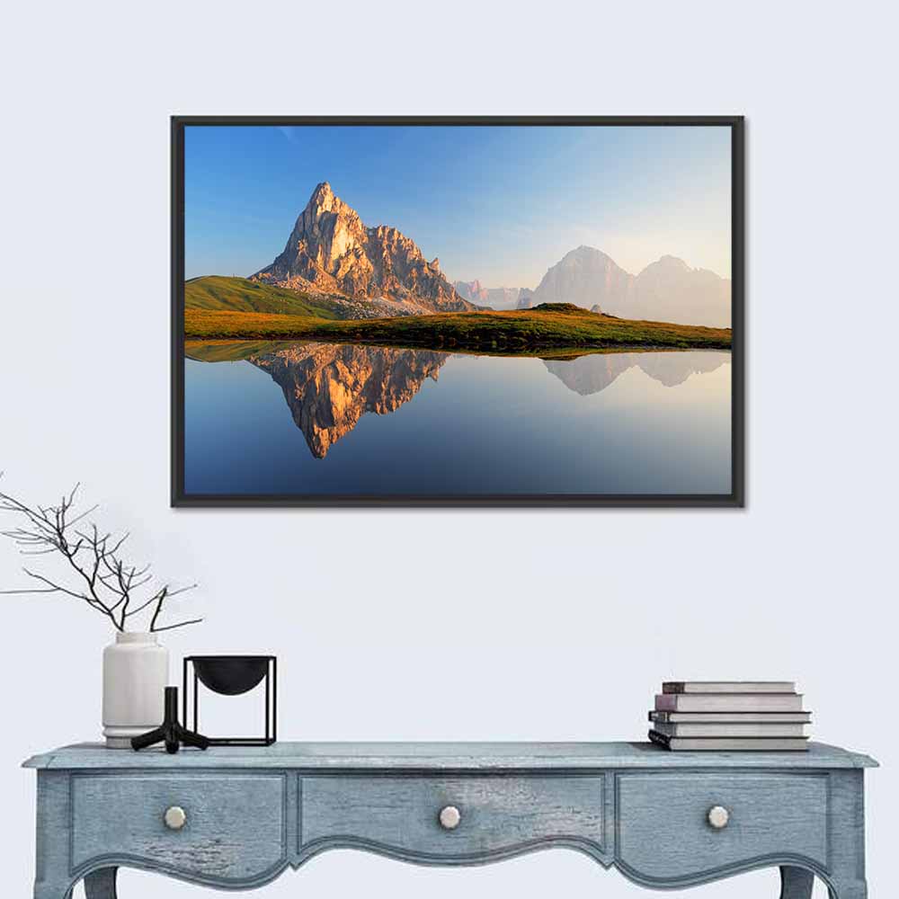 Dolomites Mountain Lake Reflection Wall Art in a room, landscape