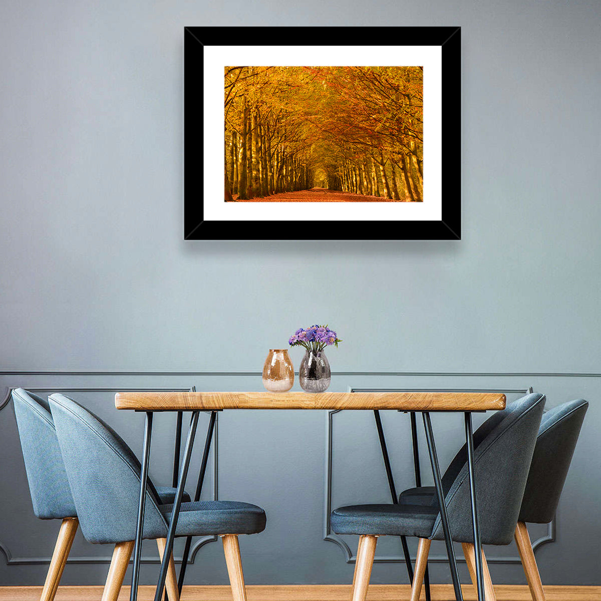 Golden Beech Tree Tunnel in Autumn Wall Art in a room, landscape