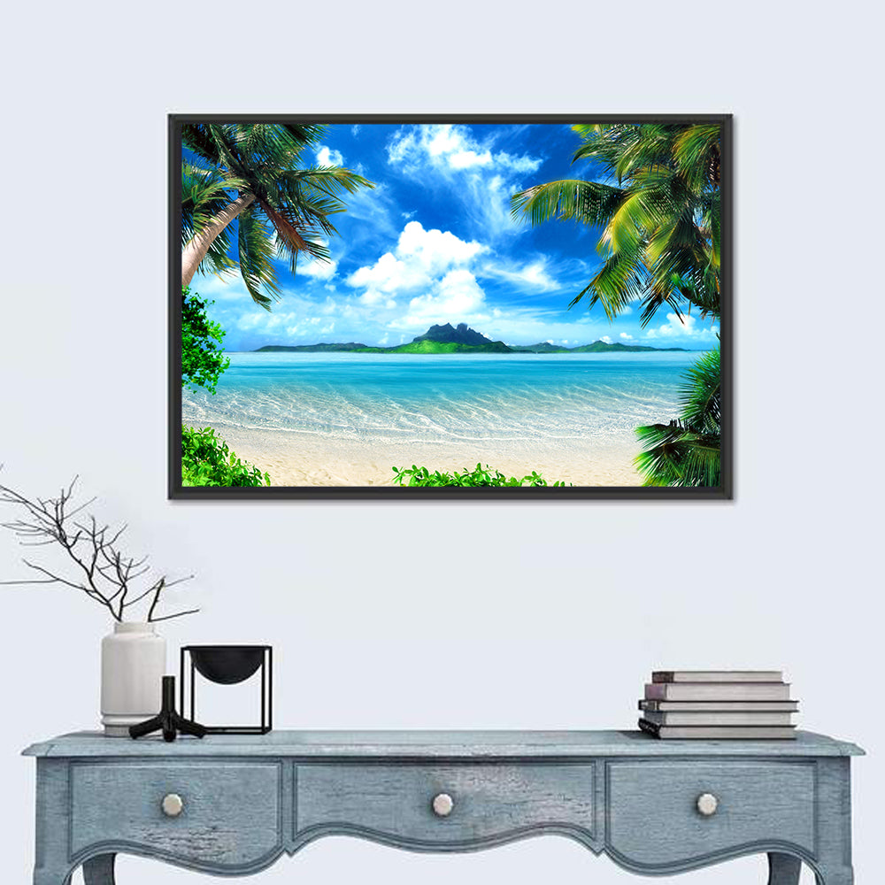 Palm-framed Tropical Island Beach Wall Art in a room, landscape