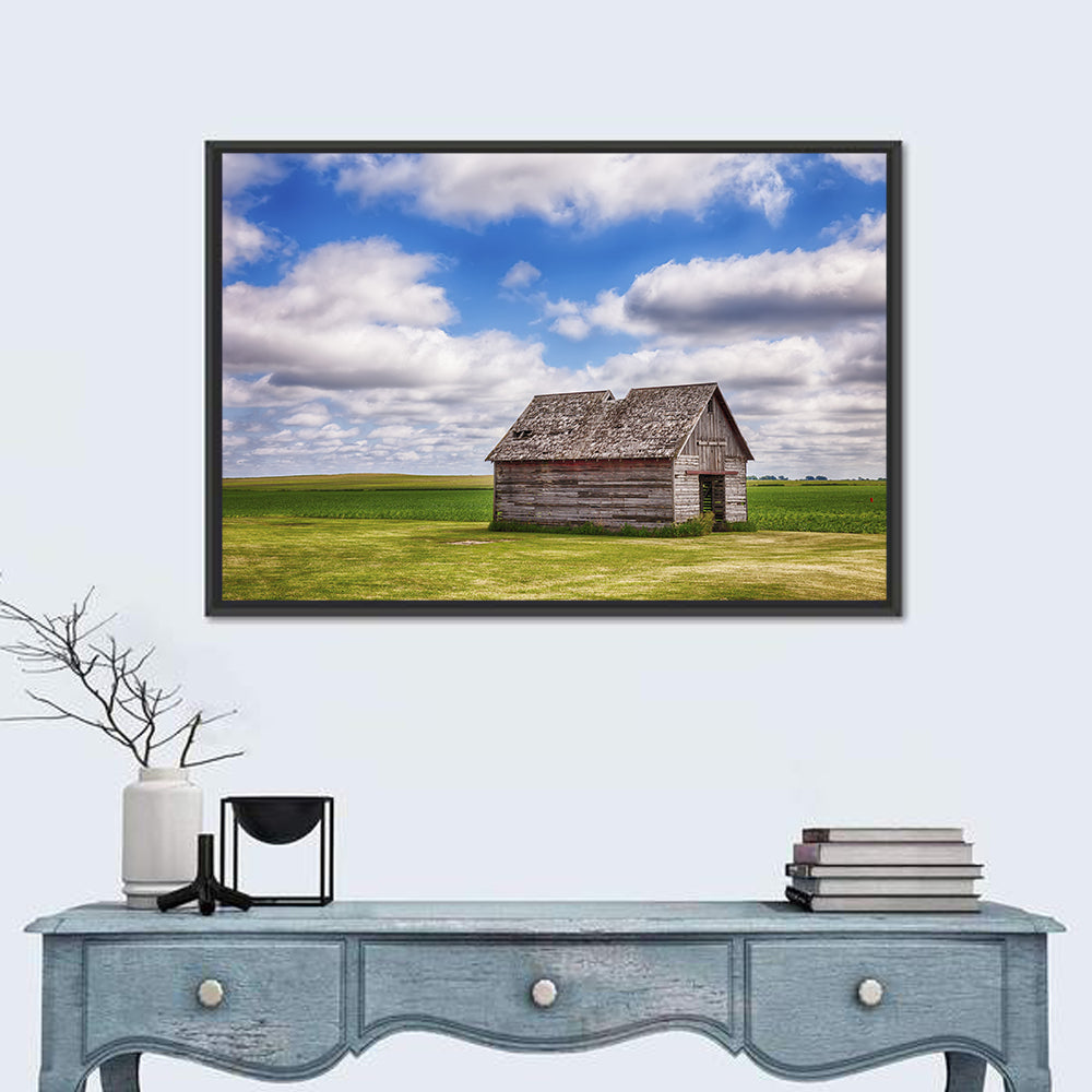 Old Farm Shed in Field Wall Art in a room, landscape