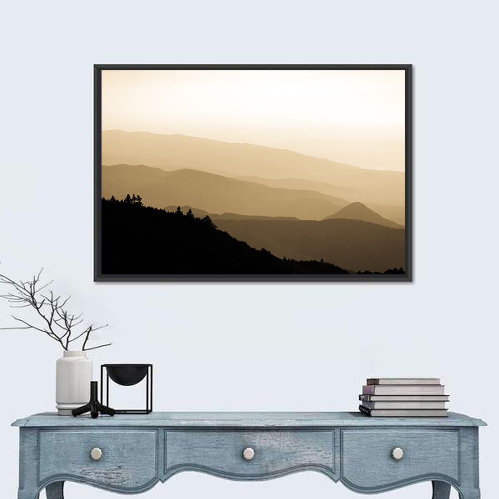 Foggy Mountain Sunset with Evergreen Silhouettes Wall Art in a room, landscape
