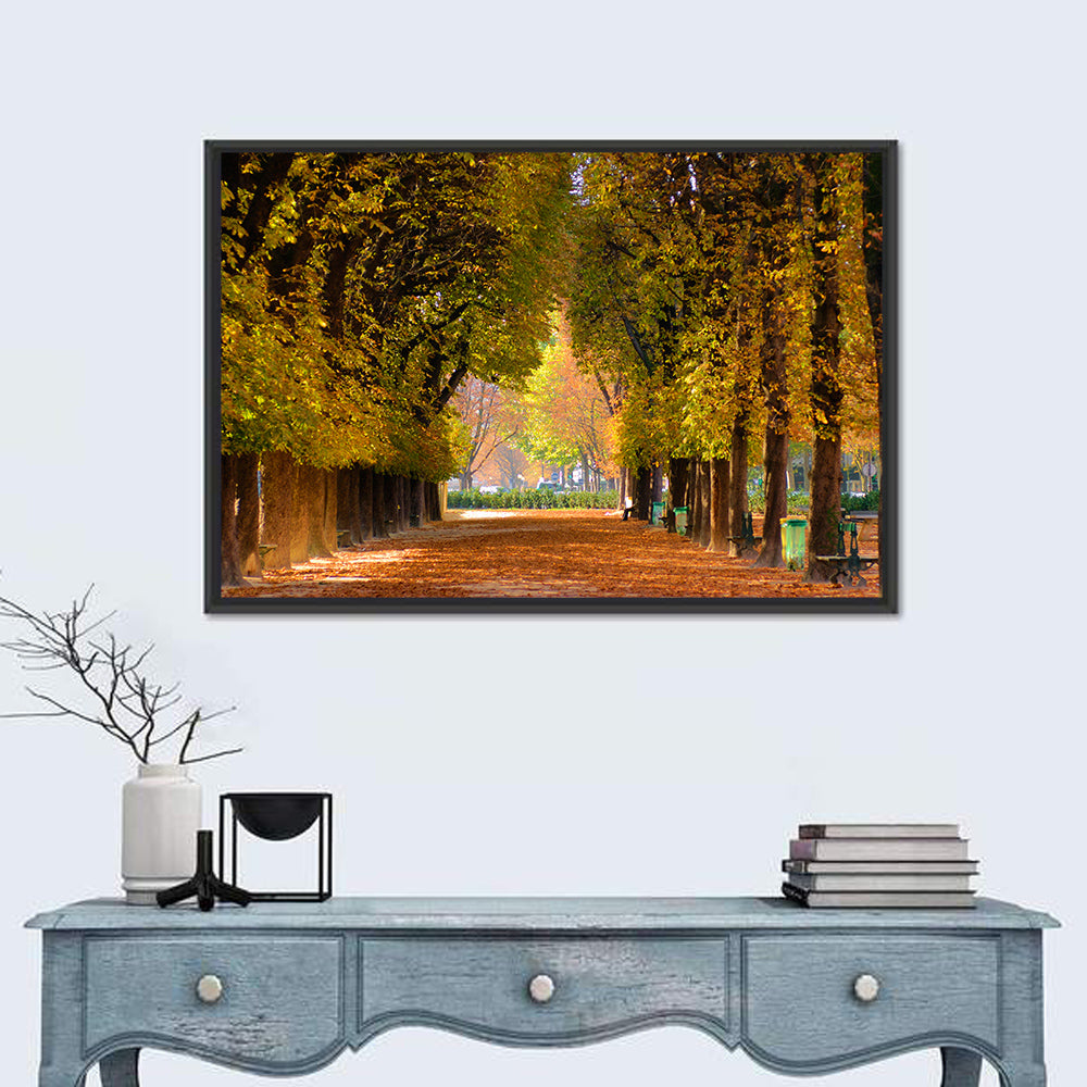 Golden Hour Autumn Path Wall Art in a room, landscape