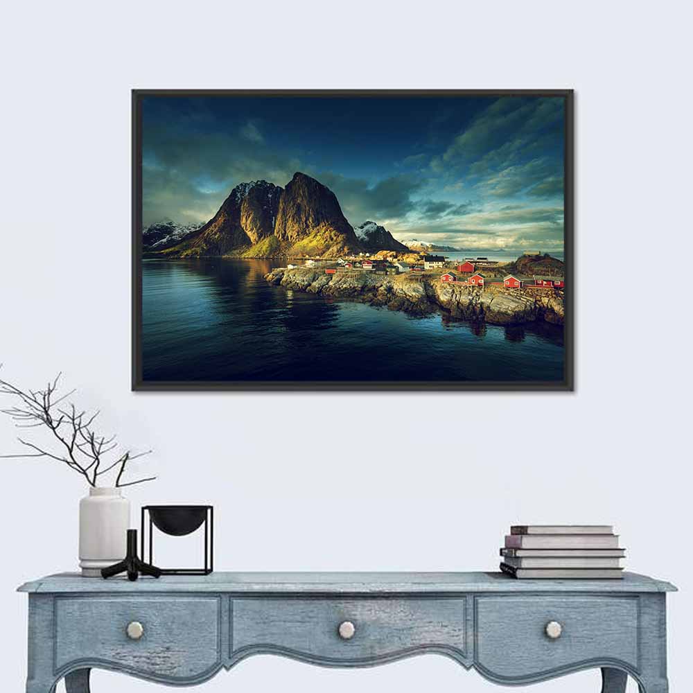 Reine Red Fishing Huts Wall Art in a room, landscape