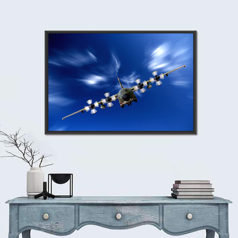 C-130 Head-on Camo Transport Wall Art in a room, landscape