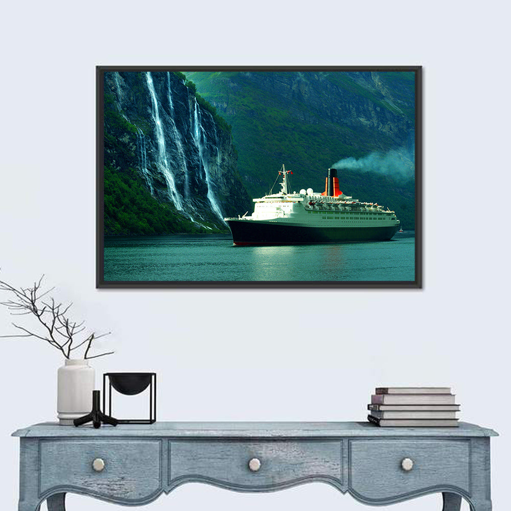 Cruise Ship at Geiranger Fjord Wall Art in a room, landscape