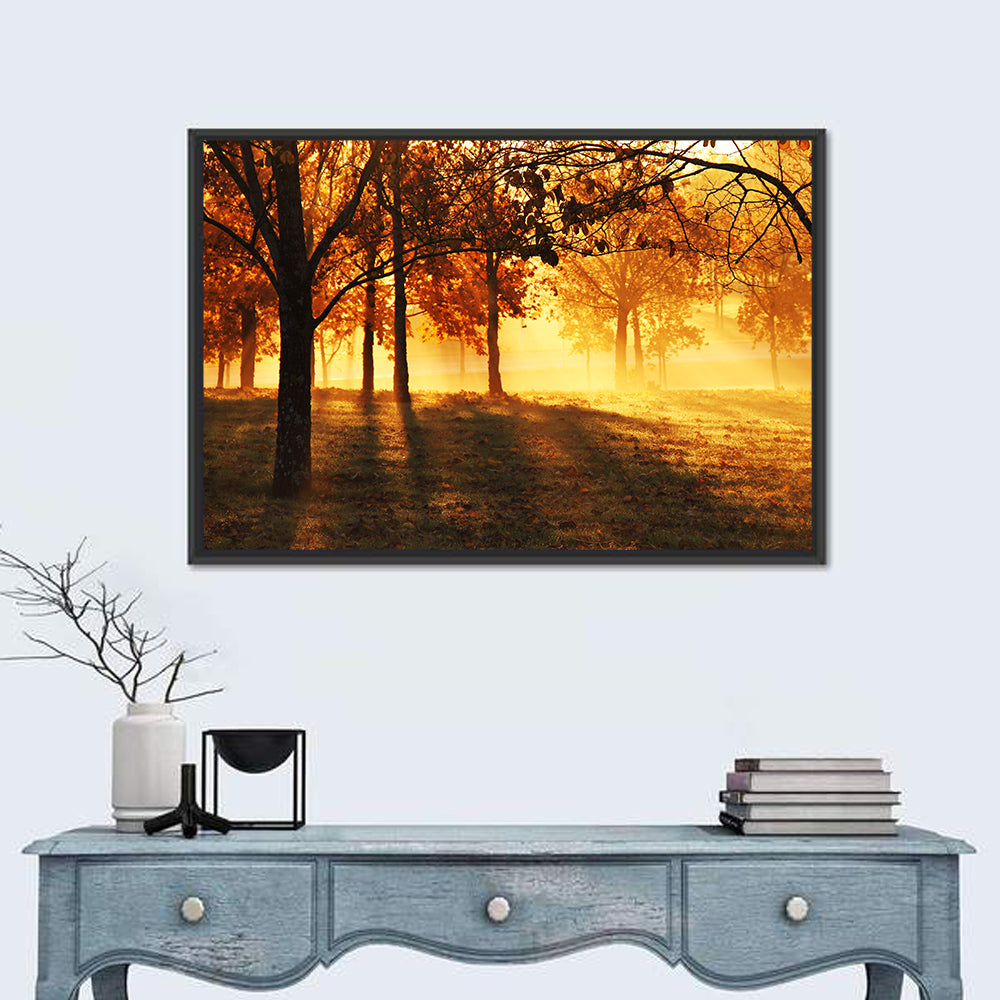 Autumn Sunbeams Through Fog Wall Art in a room, landscape