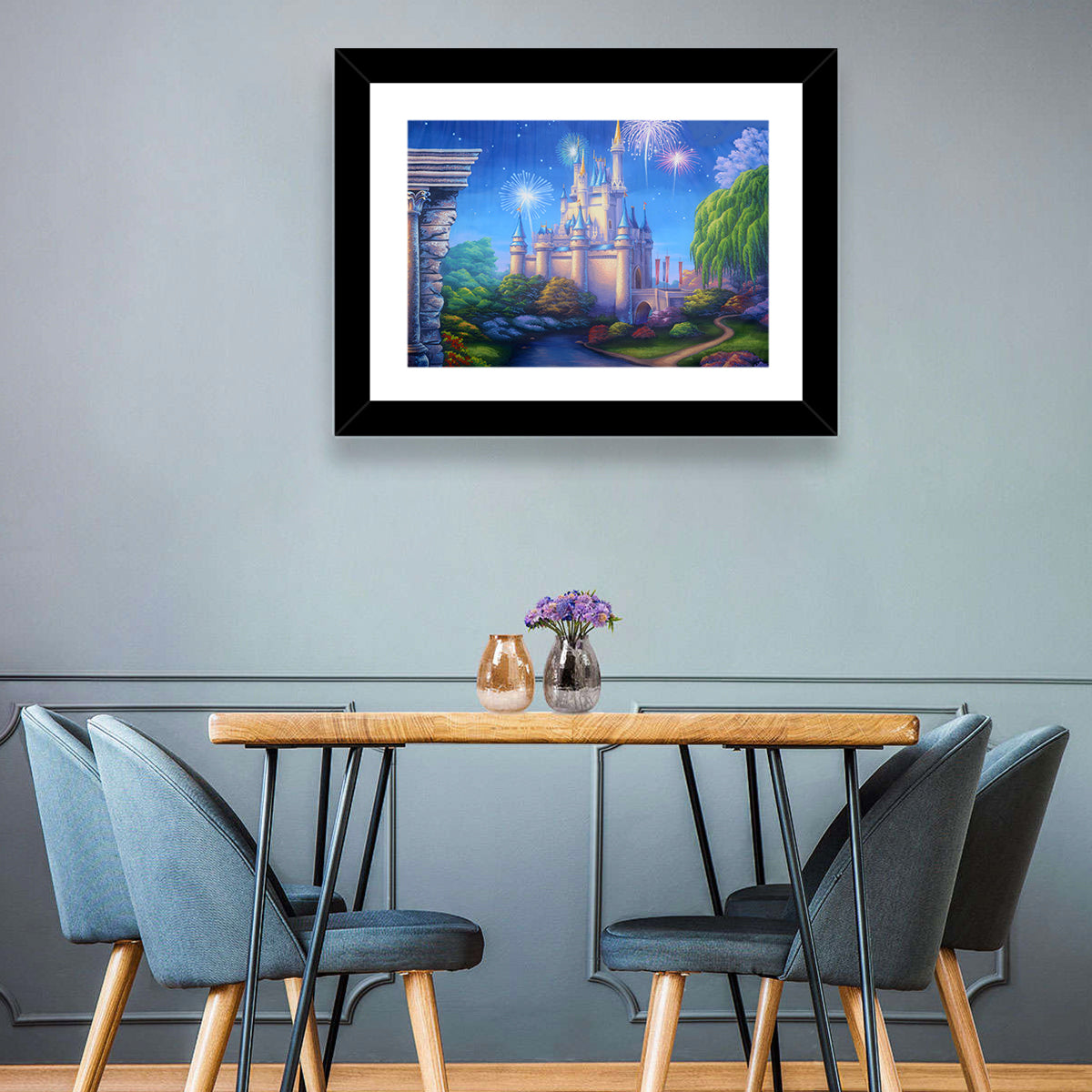 Cinderella Castle Fireworks Illustration Wall Art in a room, landscape