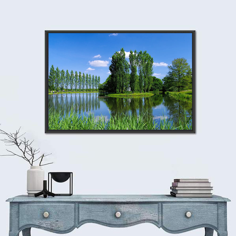 Woerlitz Rousseau Island Reflection Wall Art in a room, landscape