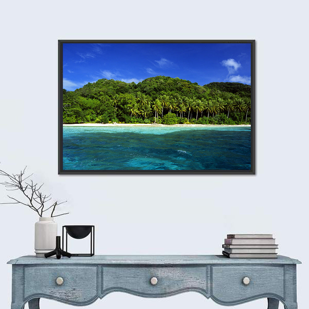 Turquoise Tropical Island Scene Wall Art in a room, landscape