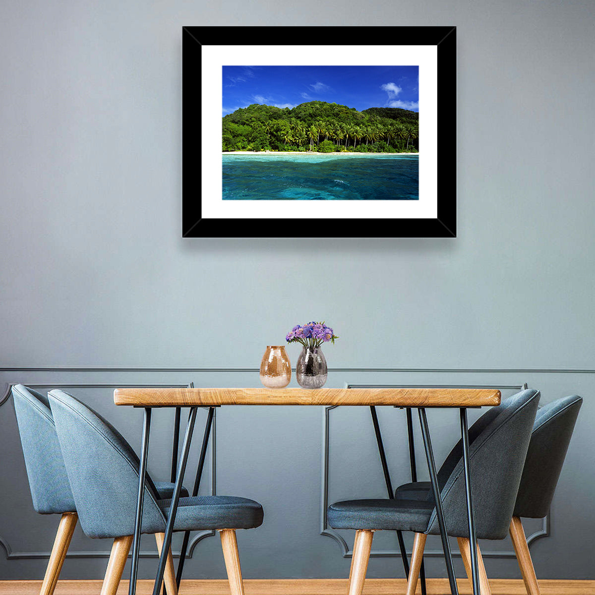 Turquoise Tropical Island Scene Wall Art in a room, landscape