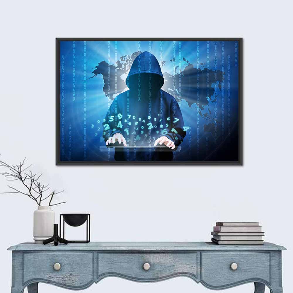 Hooded Hacker with Binary Map Wall Art